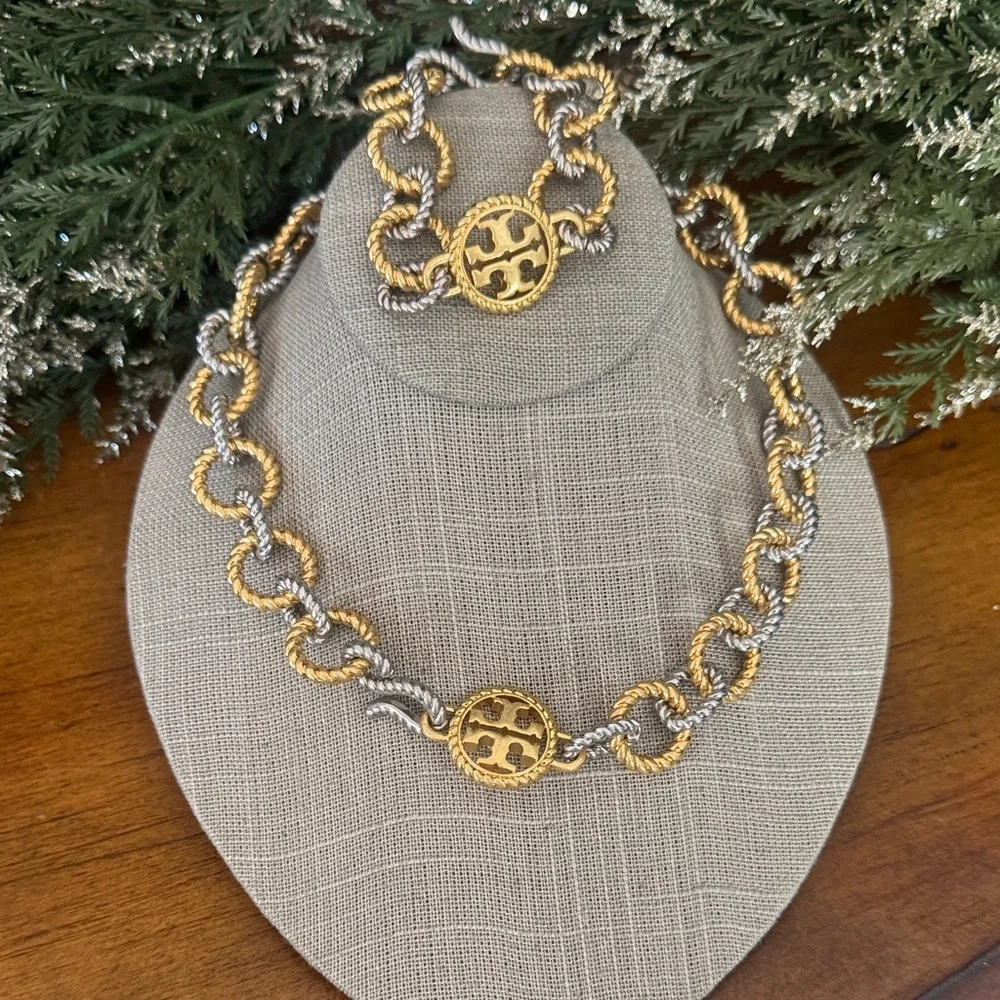 Tory Burch Gold and Silver Interlinked Heavy Brass Necklace Bracelet Set $495